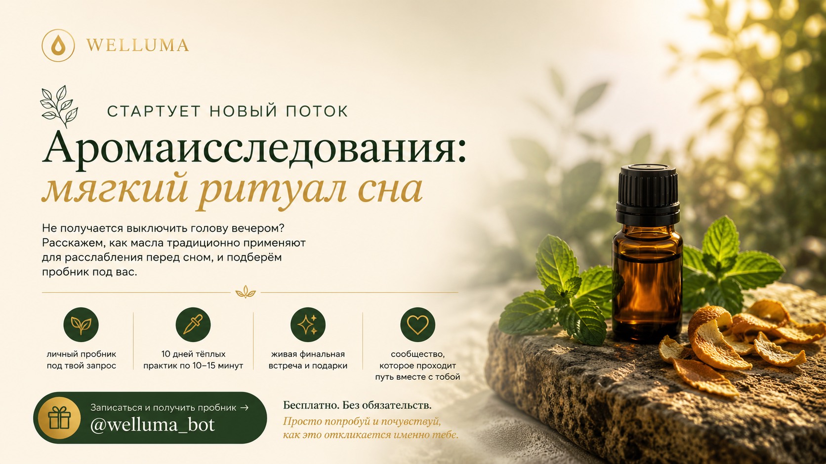 Аромаисследования Welluma — стартует новый поток. Бесплатный пробник под твой запрос, 10 дней тёплых практик, живая финальная встреча.